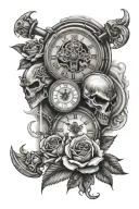3 Time Clocks Arm with rose and spartan helmet surrounded tattoo design idea