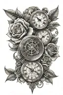 3 Time Clocks Arm with rose and spartan helmet surrounded tattoo design idea