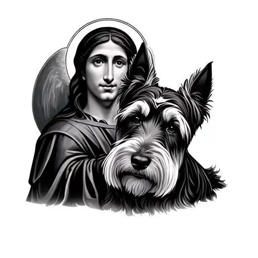 Scottie dog with a human with a halo above both of them tattoo design idea