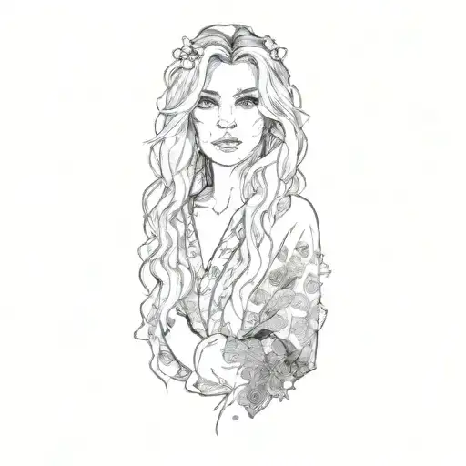 a portrait of a woman with long blond hair in a robe looking forward tattoo design idea