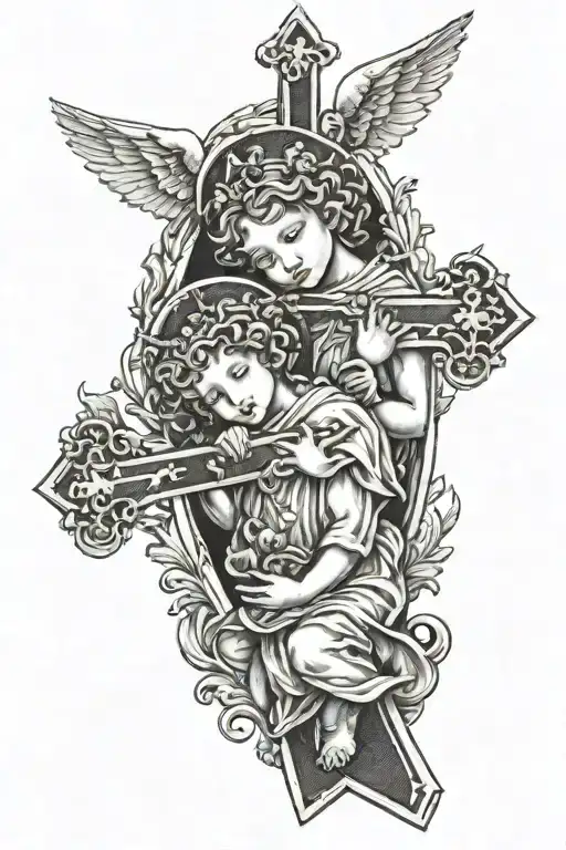 Little Angels holding a cross tattoo design idea