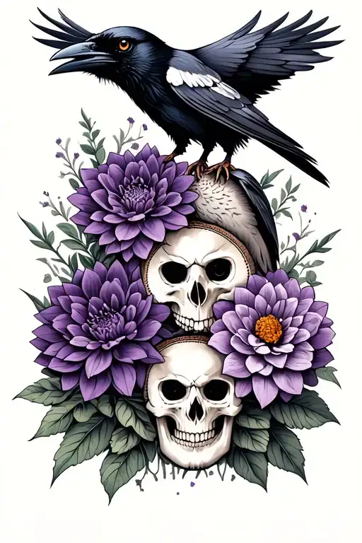 raven and barn owl. purple dahlias. skulls. goth. tattoo design idea