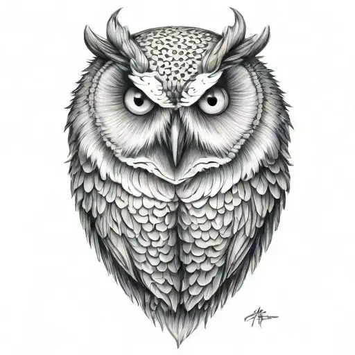 demonic snow owl sitting with blue eyes tattoo design idea