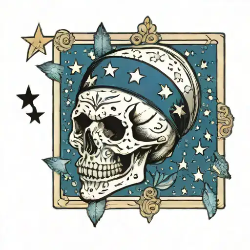 tarot card, skull, stars, sad tattoo design idea