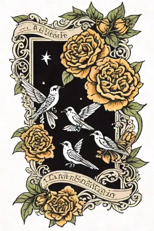 marigolds, banner, carnations, stars, two swallows tattoo design idea