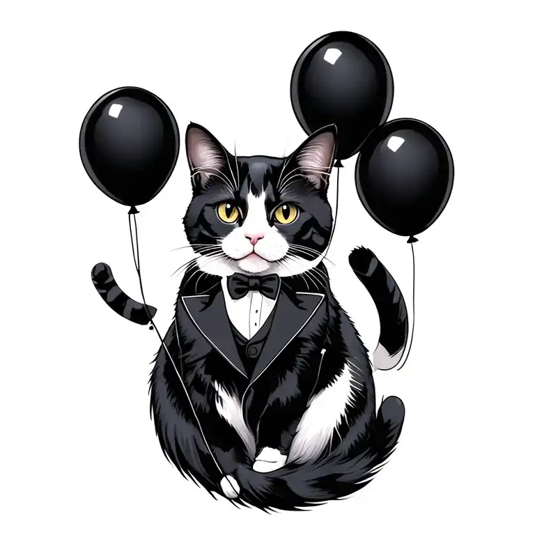 tuxedo cat floating with black balloons floating tattoo design idea