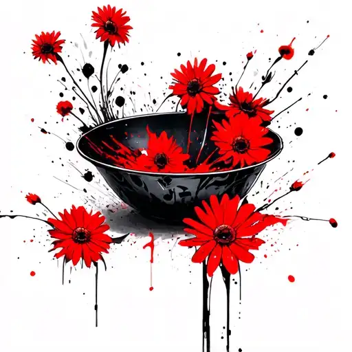 the robot's bowl in black, red daisies in the background tattoo design idea