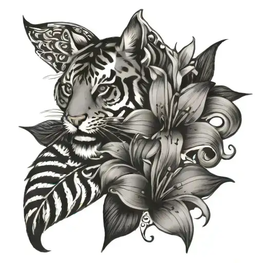 Arianna Georgia Valiquette with modern cursive gangster letters, hearts and tiger lilies around it tattoo design idea
