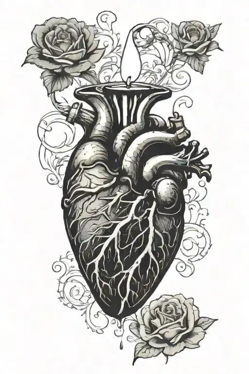 a candle in a human heart, it is placed IN a hollow cave in the heart on an old-fashioned candlestick tattoo design idea