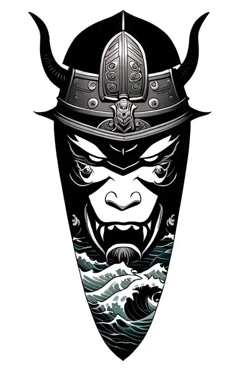 Irezumi style tattoo of an oni mask and samurai face and helmet with waves and wind in the background tattoo design idea