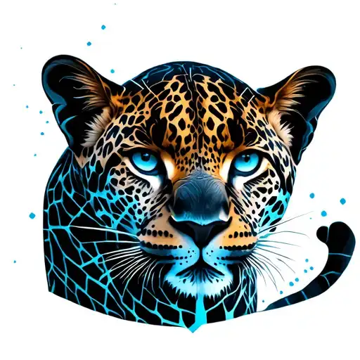 Black loepard with blue cracks like kinstugi pottery.  The leopard is etherial and calmly facing the viewer tattoo design idea