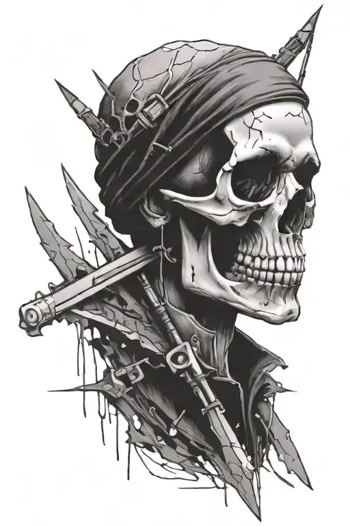 a skull with a scar under its left eye and with some other scratches, pierced by a fairbairn Sykes Commando dagger and h tattoo design idea