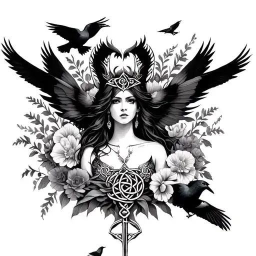 an image of the Celtic Goddess, the Morrigan. Surrounded by her associated flowers, weapons and multiple flying crows.  tattoo design idea