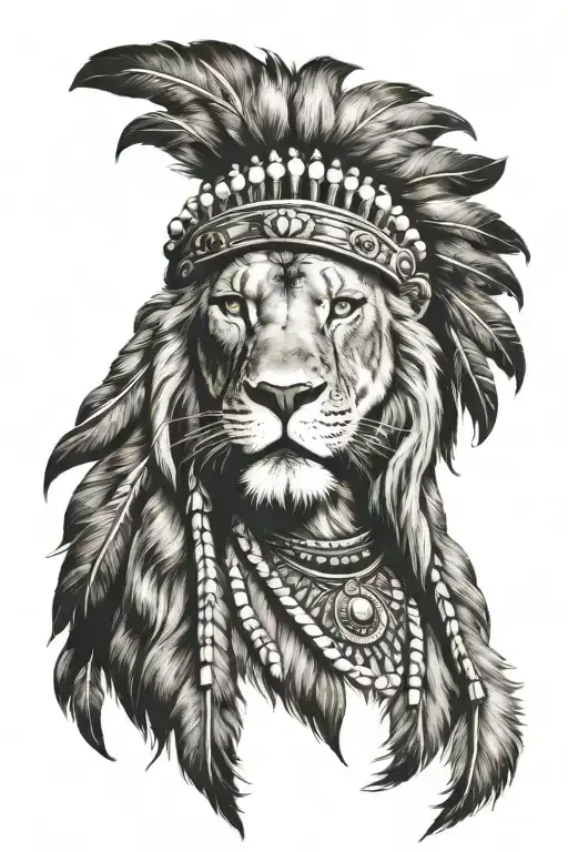 lion wearing Indian headdress tattoo design idea
