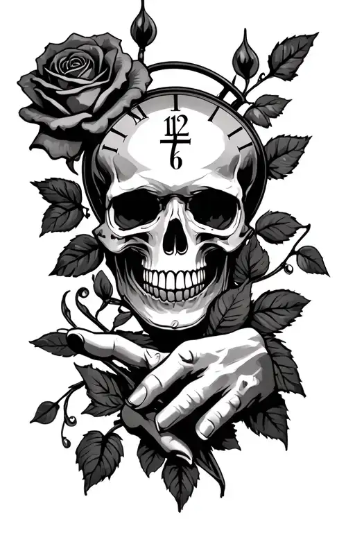 Skull and rose clock hands pointing tattoo design idea