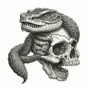 saw scaled snake wrapped around broken skull shedding its skin in black and white tattoo design idea