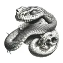 saw scaled snake wrapped around broken skull shedding its skin in black and white tattoo design idea