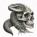saw scaled snake wrapped around broken skull shedding its skin in black and white tattoo design idea