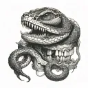 saw scaled snake wrapped around broken skull shedding its skin in black and white tattoo design idea