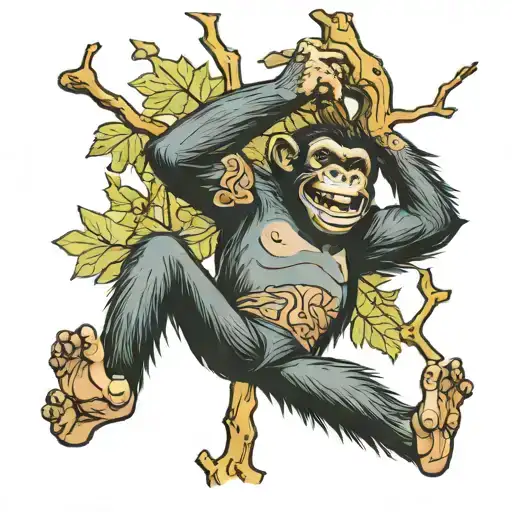 full body chimp laughing and hanging of a tree, funny tattoo design idea