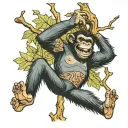 full body chimp laughing and hanging of a tree, funny tattoo design idea