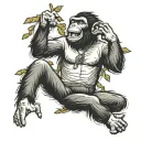 full body chimp laughing and hanging of a tree, funny tattoo design idea