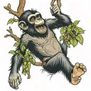 full body chimp laughing and hanging of a tree, funny tattoo design idea