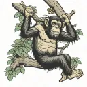 full body chimp laughing and hanging of a tree, funny tattoo design idea