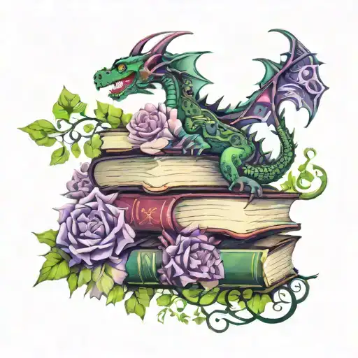 dragon peeking around stack of open books words scrolling in the air with vines and flowers in dark greens and purples tattoo design idea