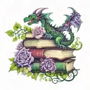 dragon peeking around stack of open books words scrolling in the air with vines and flowers in dark greens and purples tattoo design idea