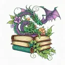 dragon peeking around stack of open books words scrolling in the air with vines and flowers in dark greens and purples tattoo design idea