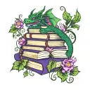 dragon peeking around stack of open books words scrolling in the air with vines and flowers in dark greens and purples tattoo design idea