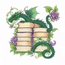 dragon peeking around stack of open books words scrolling in the air with vines and flowers in dark greens and purples tattoo design idea