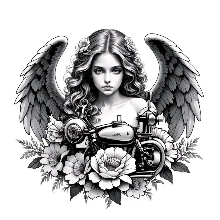 Angel and Flowers, Sewing and Motorcycle Machine tattoo design idea