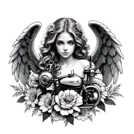 Angel and Flowers, Sewing and Motorcycle Machine tattoo design idea