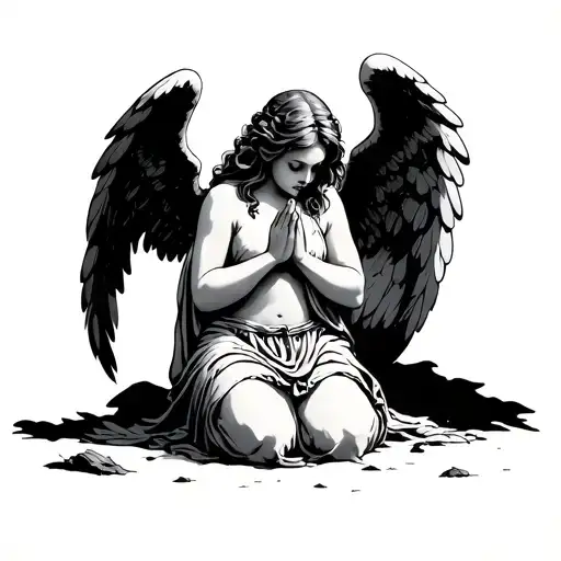 sad Angel on her knees praying tattoo design idea