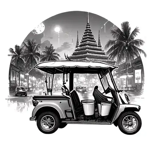 Travel, globe, Thailand city, temple and tuk tuk, night life tattoo design idea