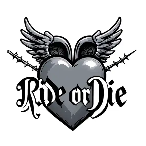 "Ride or Die" heart with wings and barbed tattoo design idea