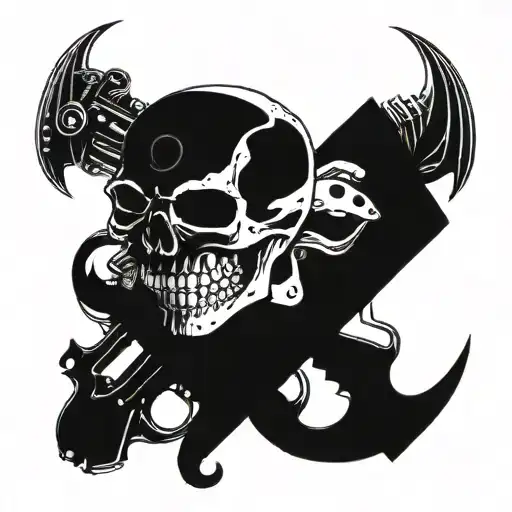 skulls facing each other with sharp teeth and black designs around the outline add guns broken dreams and evil  tattoo design idea