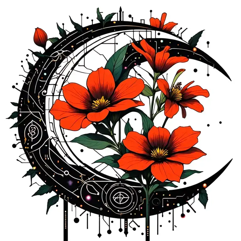 evening primrose, campanula, and balsam in the shape of a crescent moon tattoo design idea