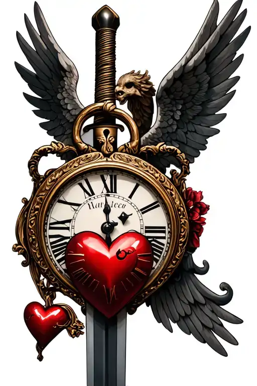clock sword angel and heart shaped lock tattoo design idea