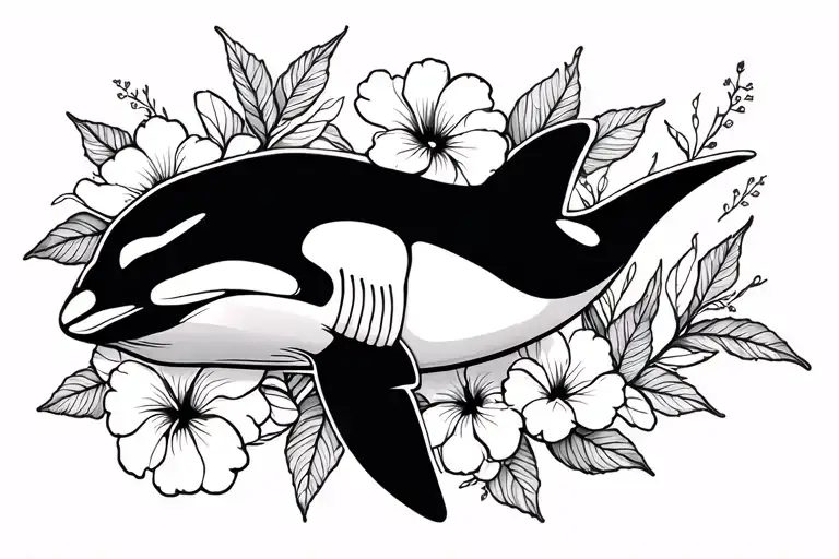 orca line tattoo with hibiscus flowers line work design tattoo design idea