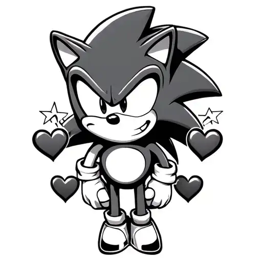 sonic the hedgehog with hearts and 5 point stars tattoo design idea