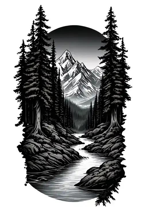 forest mountain river tattoo design idea