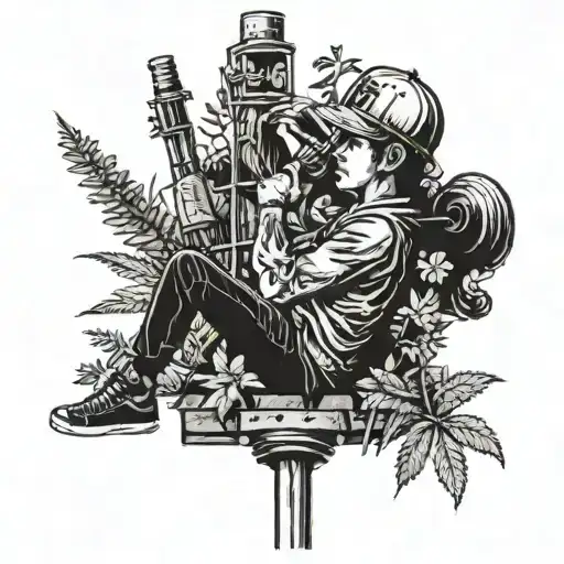 A cellphone tower climber reaching the top of a tower with a crown royal bottle in hand, surrounded by weed plants and wearing a baseball cap tattoo design idea
