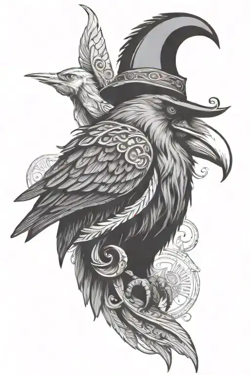 A stylized depiction of the Norse god Odin with a raven perched on his shoulder tattoo design idea