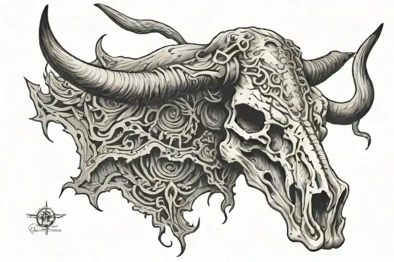 longhorn bull skull spooky Halloween scene tattoo design idea
