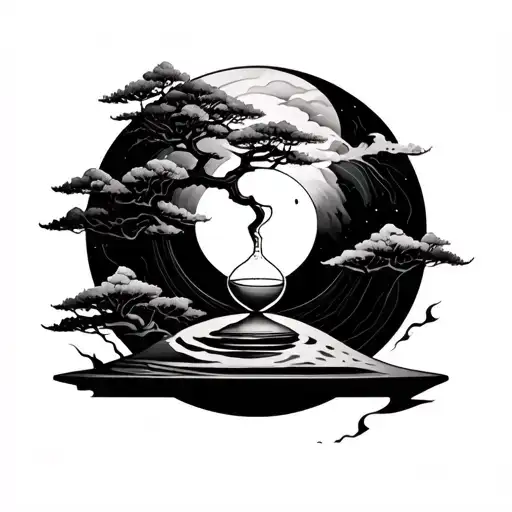 Design me a tattoo that has three combined elements: an Enso circle, a bonsai tree in the middle and a sand clock.  tattoo design idea