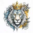 Majestic calm lion yellow eyes Angry wolf blue eyes with stars  Crown Lotus (avatar) Trishul. Word ‘legacy’   tattoo design idea