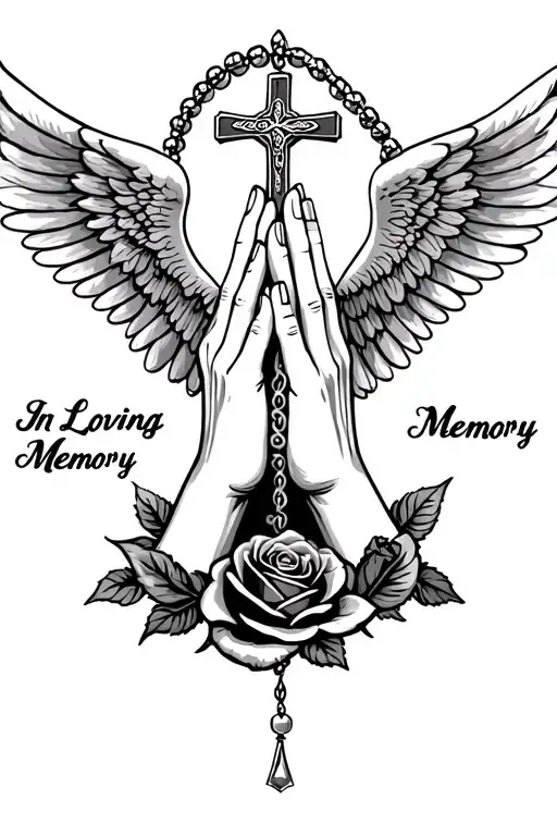 "In Loving Memory" "In Loving Memory" "In Loving Memory" Praying Hands, Rosary beads intertwined with cross, Wings, Realism, Rose tattoo design idea